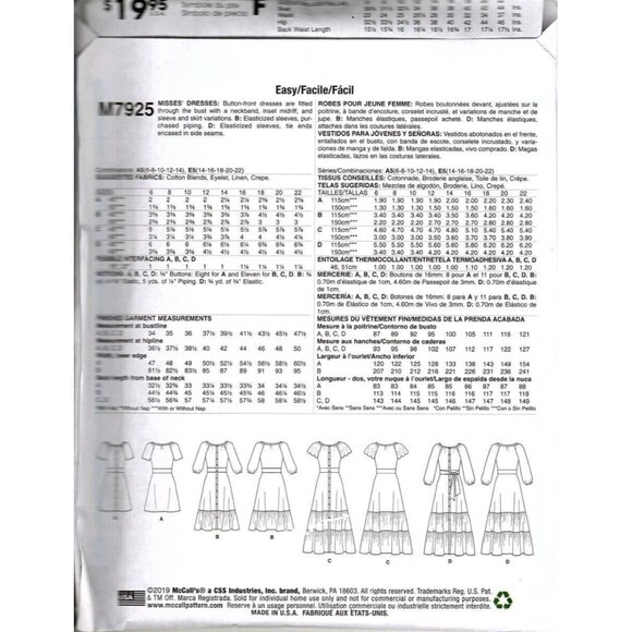 McCall's M7925 Misses 6 to 14 Button Front Dresses Uncut Sewing Pattern New - Picture 2 of 2